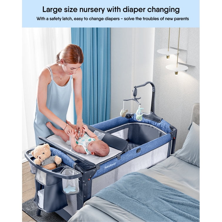 3-in-1 Bedside Bassinet, Play Yard & Diaper Changer, with Mattress, Mosquito Net, Diaper Storage Box and Toy Bar, suitable for0-2 Years Old Newborns to Toddlers