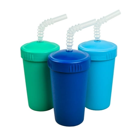 Re-Play Made in USA 3pk Straw Cups with Reversable Straw for Easy Baby, Toddler, Child Feeding - Aqua, Sky Blue, Navy (True Blue) Durable Toddler Straw