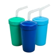 Re-Play Made in USA 3pk Straw Cups with Reversable Straw for Easy Baby, Toddler, Child Feeding - Aqua, Sky Blue, Navy (True Blue) Durable Toddler Straw Cups!