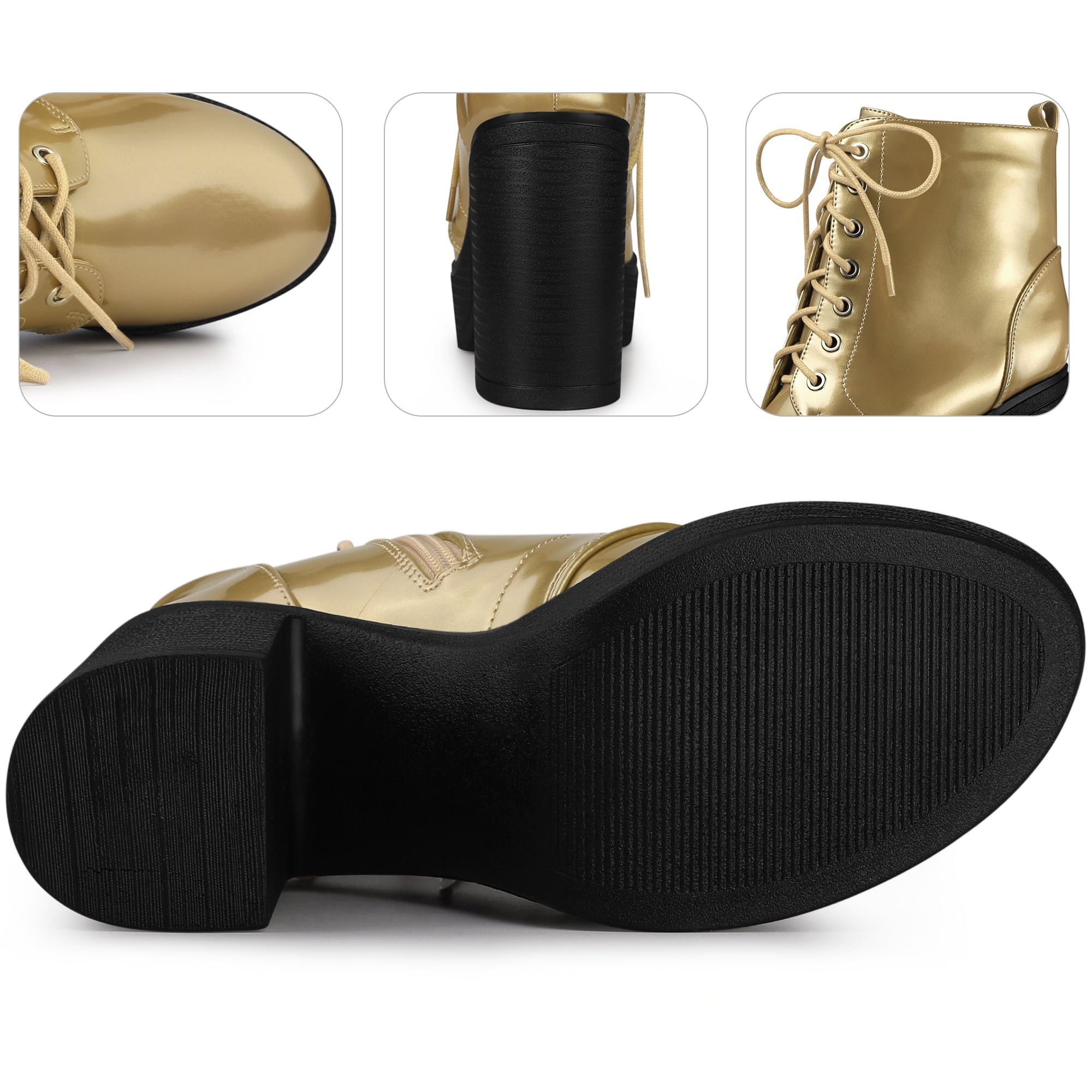 Unique Bargains Women s Platform Lace Up Chunky Heel Western Combat Boots Gold Size 9 Gold 9