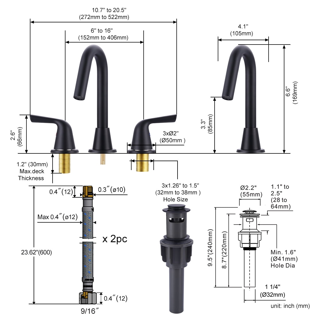 WOWOW Widespread Bathroom Faucets for Sink 3 Hole Matte Black, 8 inch Bathroom Faucet with Pop Up Drain Assembly and Water Supply Lines 2 Handle 360° Swivel Spout Basin Faucets for Vanity Lavatory