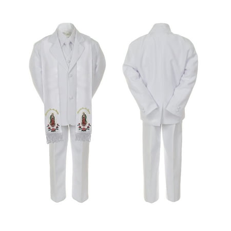 

Baby Boy Christening Formal White Single Breasted Suit Silver Gold Guadalupe on Stole Sm-20