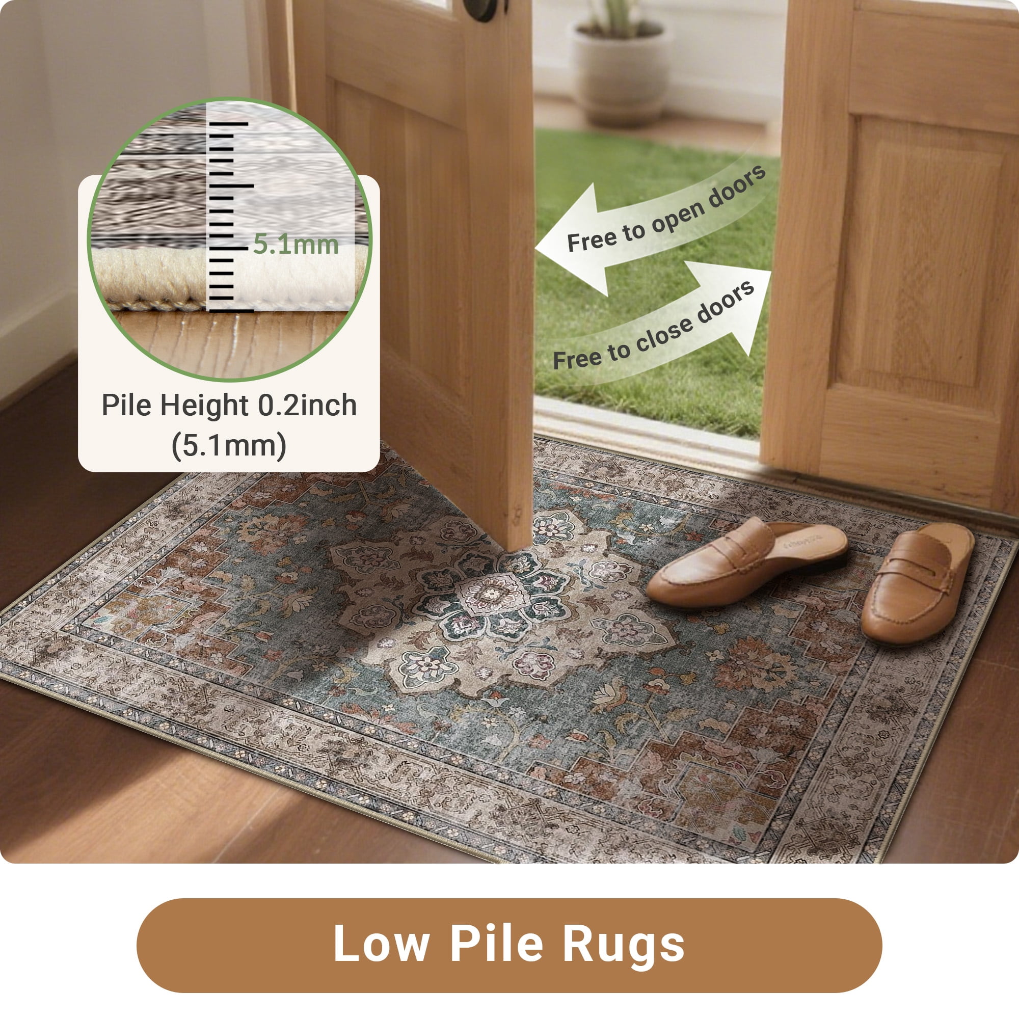 NewBuros 9'x12' Area Rugs, Machine Washable Non Slip Rugs for Living Room, Low Pile Water Repellent Soft Vintage Print Pattern Bedroom Carpet, Brick & Green