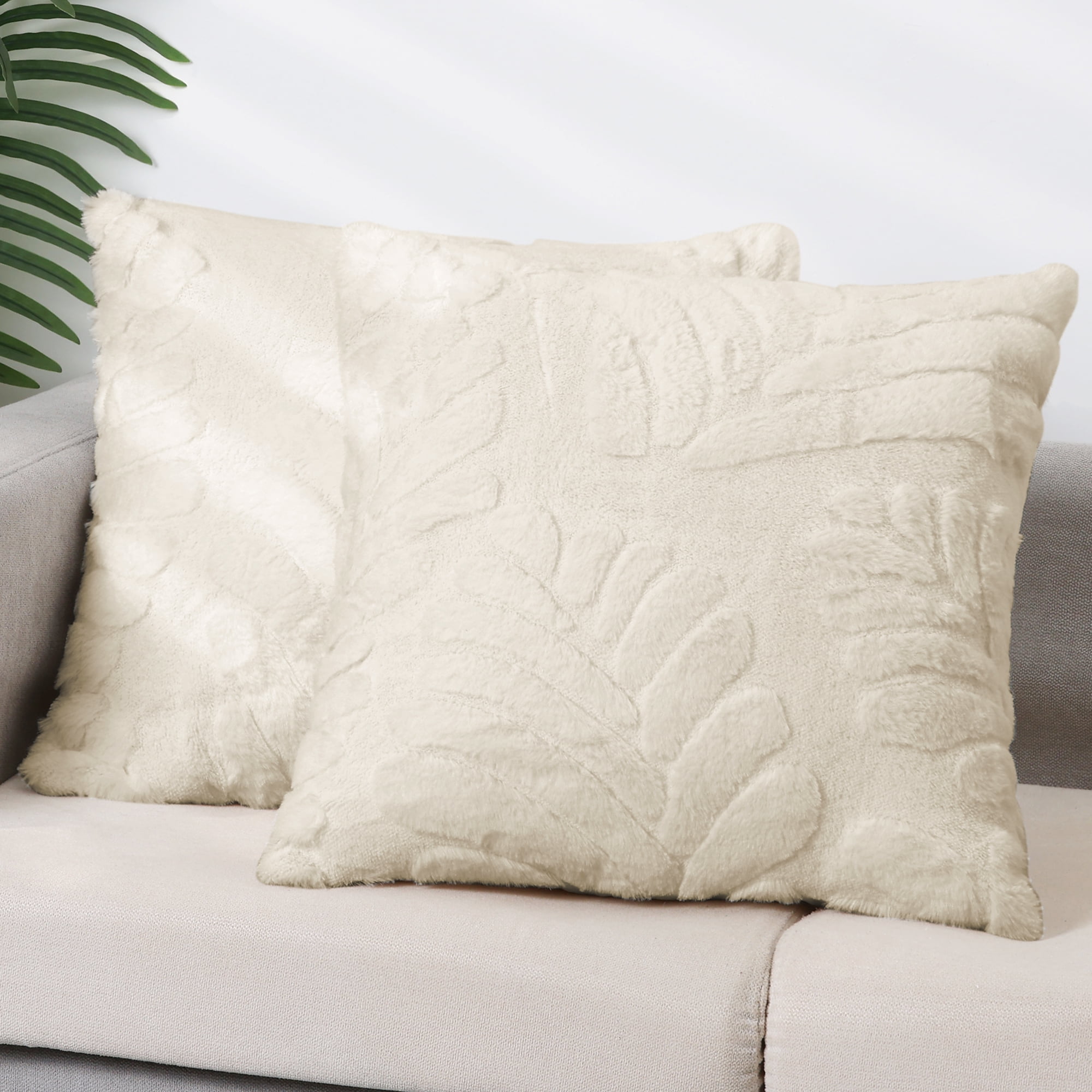 Unique Bargains Basho Leaf Pattern Cushion Covers Solid Fluffy Plush Pillow Covers 2 Pcs Beige 18" x 18"