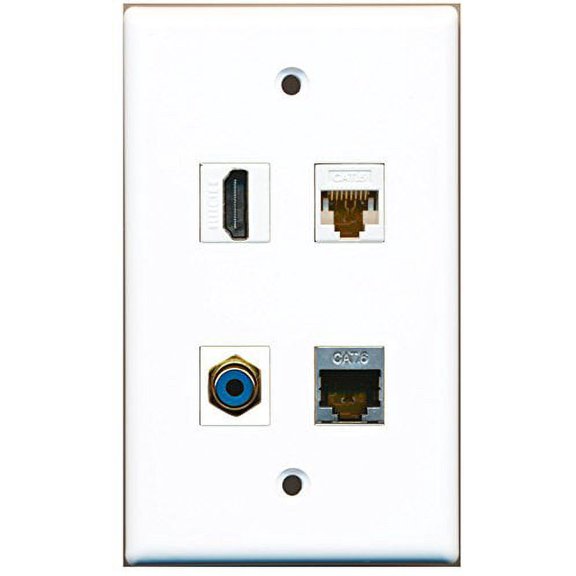 RiteAV - 1 Port HDMI 1 Port RCA Blue 1 Port Shielded Cat6 Ethernet 1 Port Cat6 Ethernet White Wall Plate
