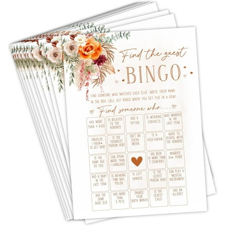 Bridal Shower Wedding Games - Find The Guest Bingo, Orange and Terracotta Floral Design, Couples Games & Party Activity (50 Cards Pack)