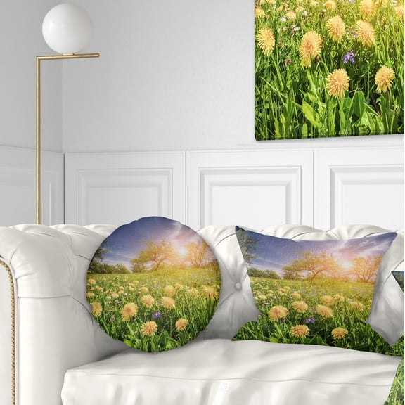 Designart Blossom Dandelions in Green Garden - Landscape Printed Throw Pillow - 12x20
