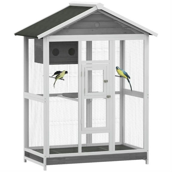 Demi Bonn 64" Height Wooden Outdoor Flight Bird Cage Aviary with 4 Perches and Slide-Out Tray for Parrots Conures Lovebird Cockatiel Parakeets, Gray
