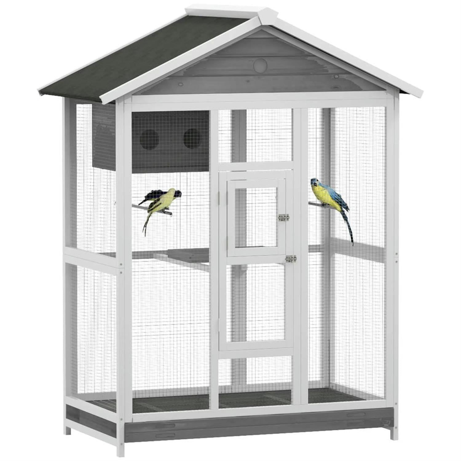 Demi Bonn 64" Height Wooden Outdoor Flight Bird Cage Aviary with 4 Perches and Slide-Out Tray for Parrots Conures Lovebird Cockatiel Parakeets, Gray