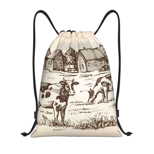 Saiise Cows On The Farm Pattern Sports Drawstring Backpack - String Swim Gym Bag with Wet Proof Pocket for Women&Men-Medium