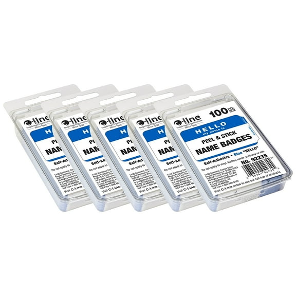 C-Line Pressure Sensitive Badges, Hello my name is, Blue, 3-1/2" x 2-1/4", 100 Per Pack, 5 Packs