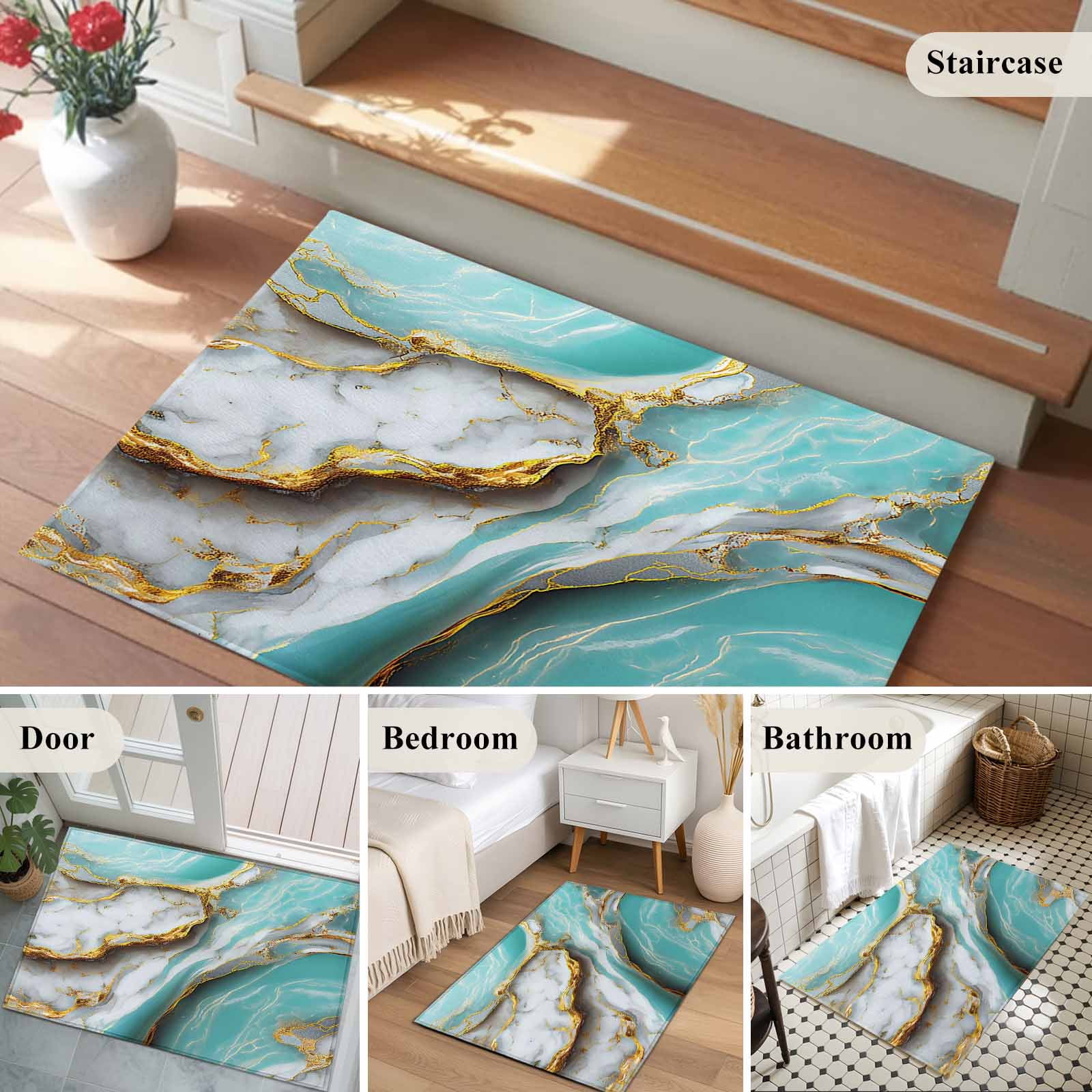 Turquoise Marble Bathroom Rug Washable 2x3 Entryway Rug Non Slip Modern Abstract Gold Stripes Art Front Door Mat Low Pile Indoor Doormat Throw Floor Carpet for Kitchen Bedroom Entrance