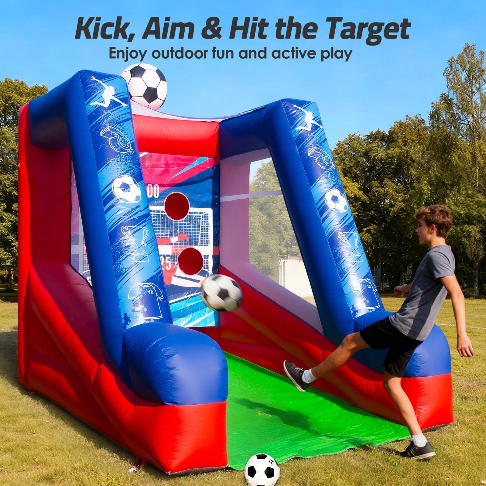 Inflatable Soccer Dartboard, Commercial Grade PVC Soccer Game with 2 Balls & Air Blower, 4-Target Scoring Inflatable Carnival Game for Outdoor Fun, Home & Rental Use