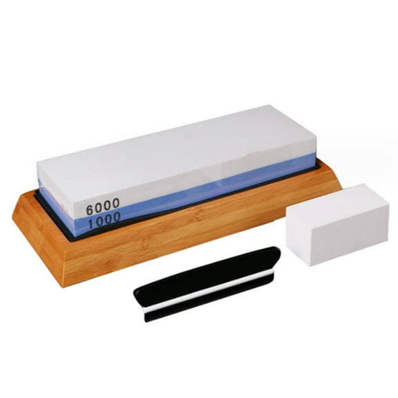 1000/6000 Grit Whetstone with Bamboo Base, Non-Slip Silicon, Angle Guide & Flattening Stone for Precise Sharpening 2-in-1 Knife Sharpener Set