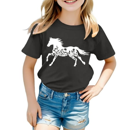 Likimi Infant Kids Girls Tshirt Crew Neck Short Sleeve Graphic Print Fashion Tops Grey Size 3-4 Years