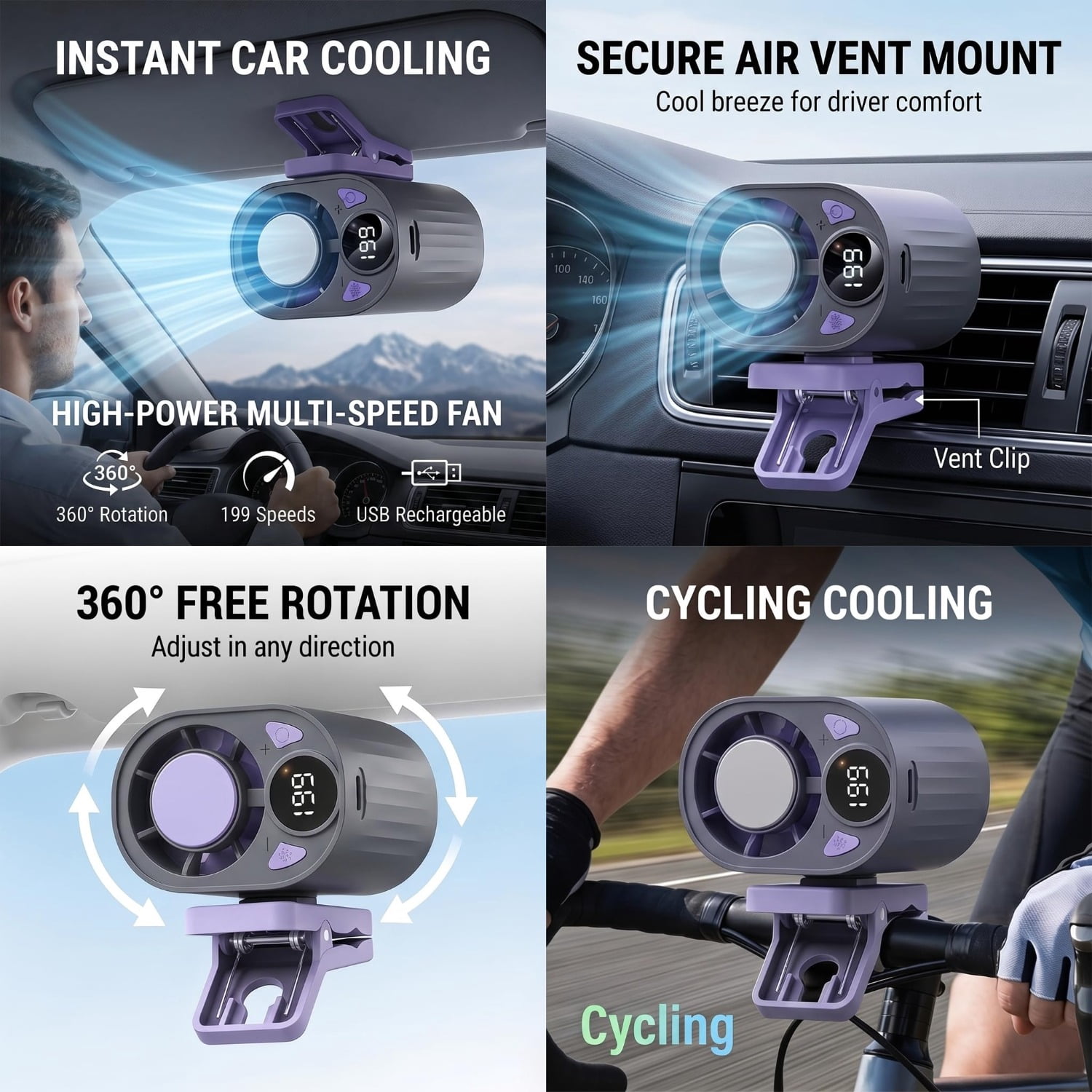 Car Clip on Air Conditioner Fan – 360° Rotation Portable Personal AC with Semiconductor Cooling, USB Rechargeable, for Car Visor, Roof Handle, Bed, Umbrella