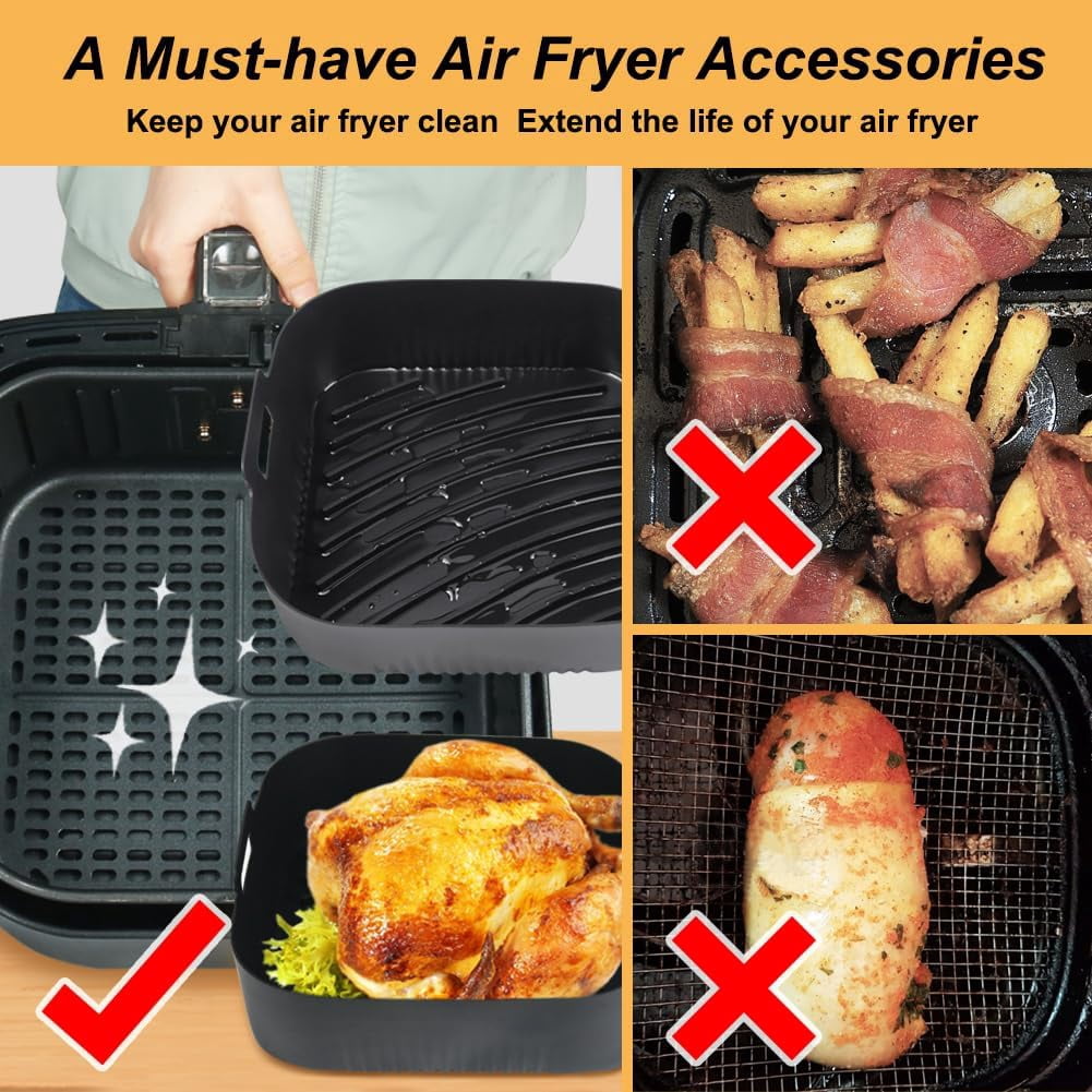 9 Inch Square Silicone Air Fryer Liners for 6 to 8QT, Set of 2, Reusable Silicone Airfryer Tray Insert, Air Fryer Accessories for Corsori 6QT, Airfryer Pro XL 6.5QT, & More