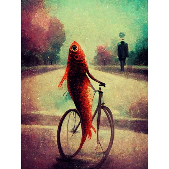 Koi Fish With Bicycle Surrealism Purple Teal Park Dream Large Wall Art Poster Print Thick Paper 18X24 Inch