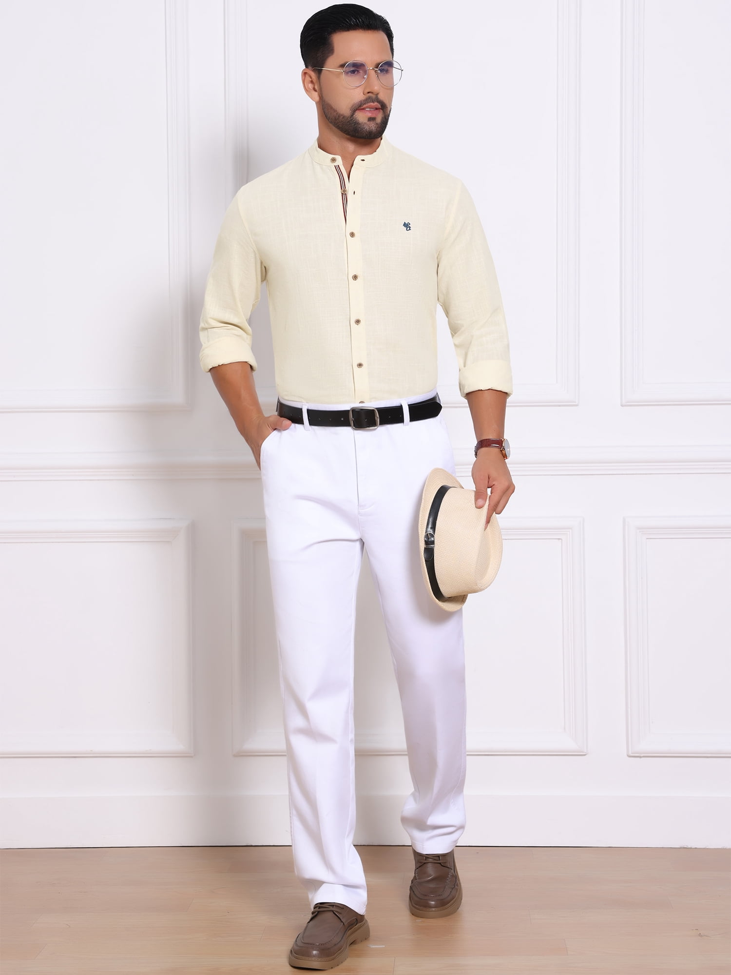 DARING DIVA Men's Stand Collar Long Sleeves Button Down Linen Shirts S Khaki