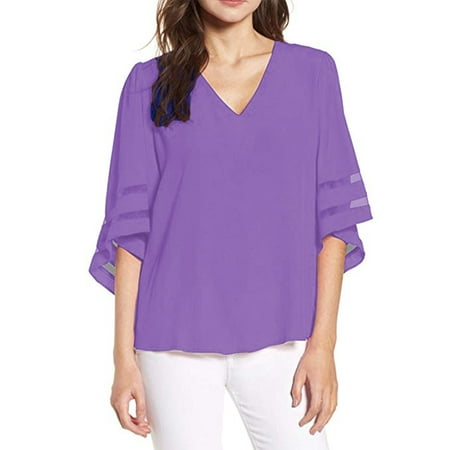 Chiffon Lace Skirt SAYFUT Women's V Neck Lace Blouse Chiffon Shirt 3/4 Bell Sleeve Loose Tops Sexy Lace Patchwork Shirt ()