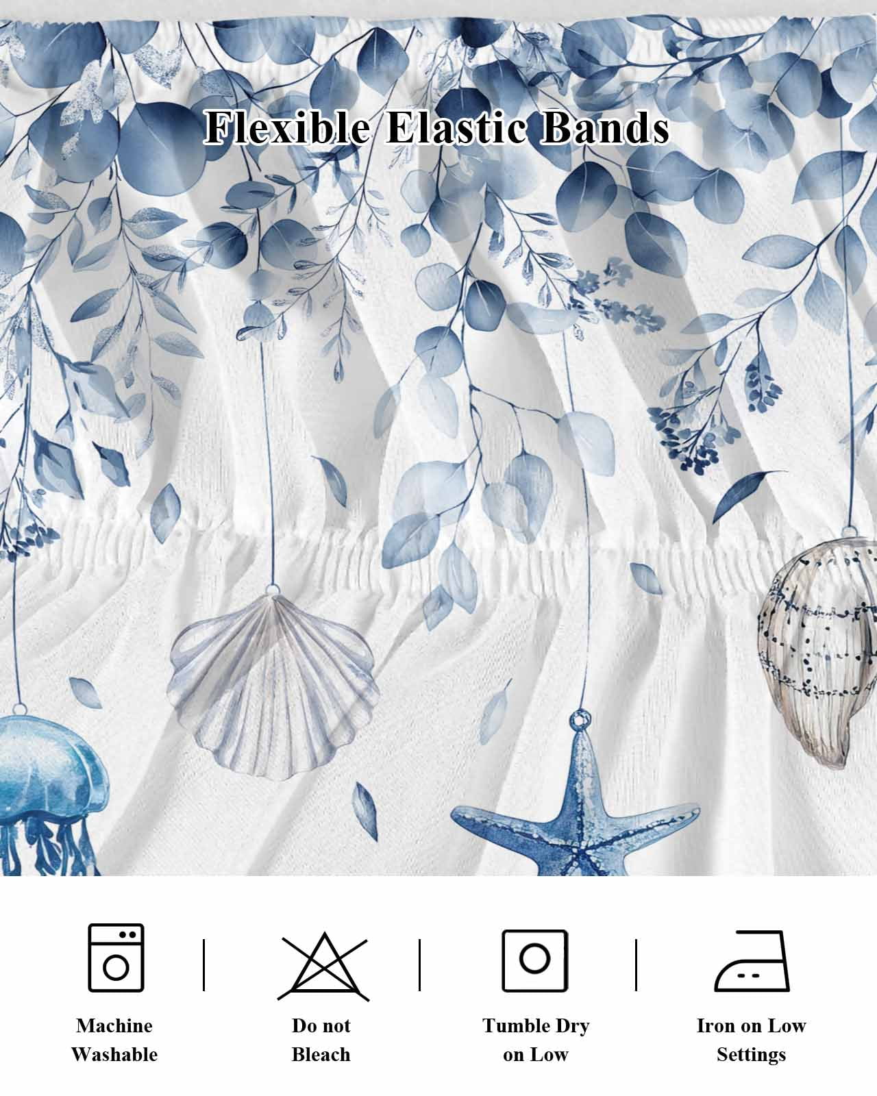 Blue Coastal Wrap Around Bed Skirts for King Bed 18" Drop,Bed Skirt with Adjustable Elastic Belt Dust Ruffle Bed Valance Summer Eucalyptus Leaves Beach Ocean Starfish Nautical Bed Frame Cover