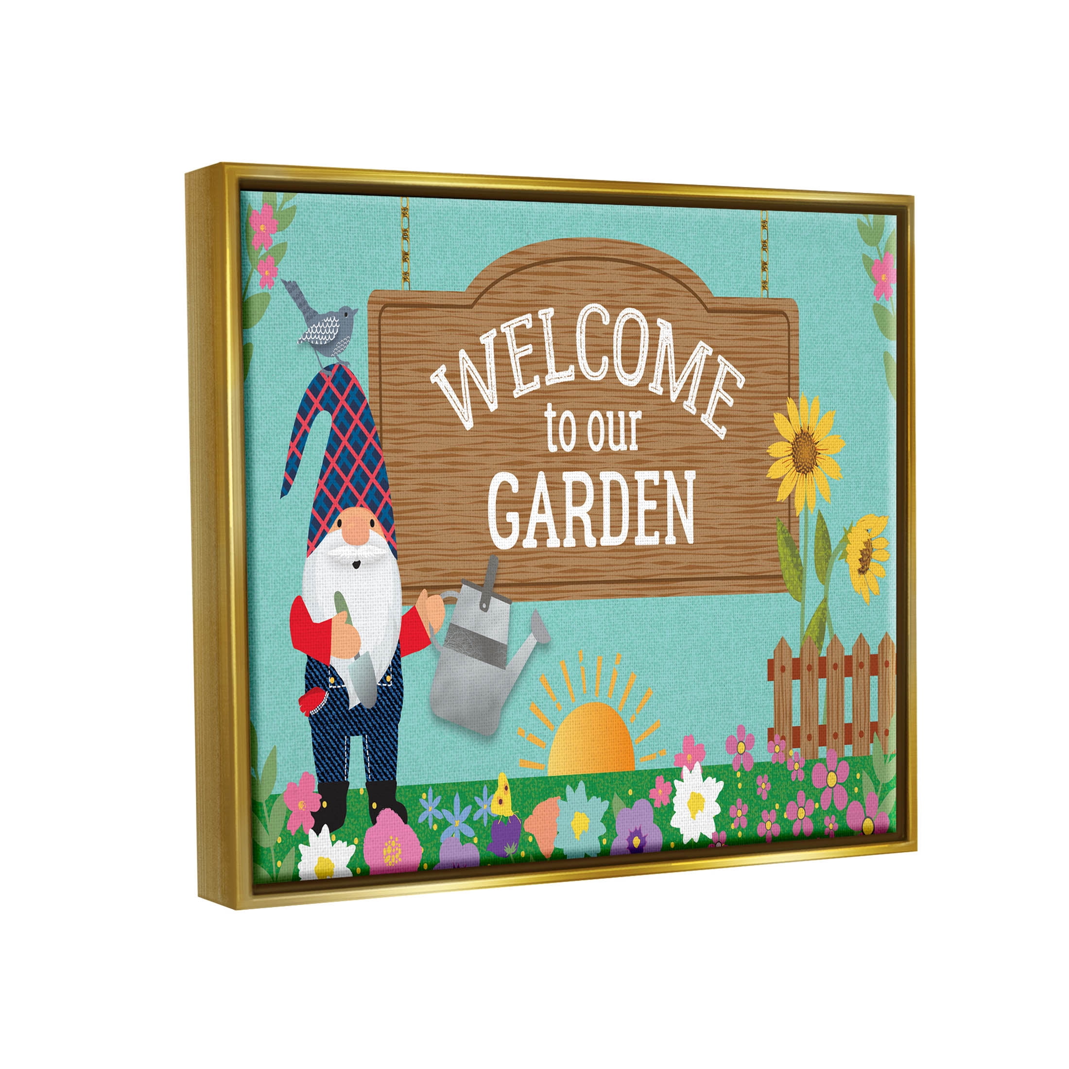 Welcome To Our Garden Gnome Fairy Tales & Fantasy Graphic Art Metallic Gold Framed Art Print Wall Art