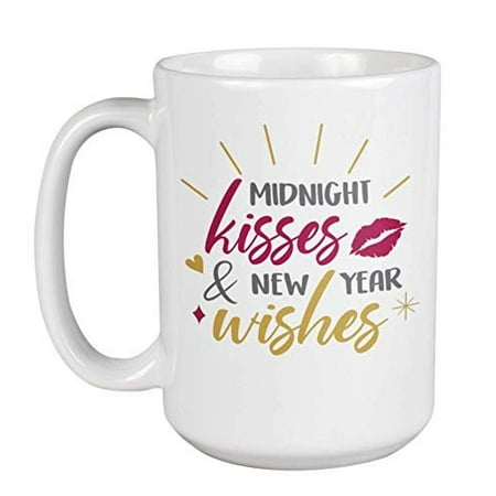 Midnight Kisses & New Year Wishes. Unique Lip Mark Print Christmas Coffee & Tea Gift Mug For Mom, Wife, Spouse, Daughter, Girlfriend & Girl Best Friend, And Year End Party Celebration Gifts