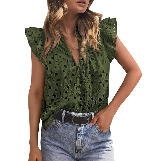 Blusa PRETTYGARDEN 2025 con Volantes, Manga Corta y Escote en V M