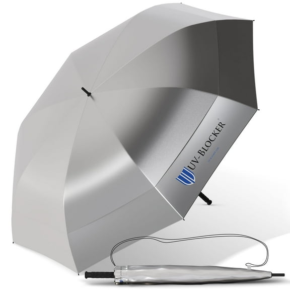 UV Blocker Golf Sun Umbrella Wind and Sun Protection Rain Umbrellas with Double Vent Canopy Silver 62 Inch