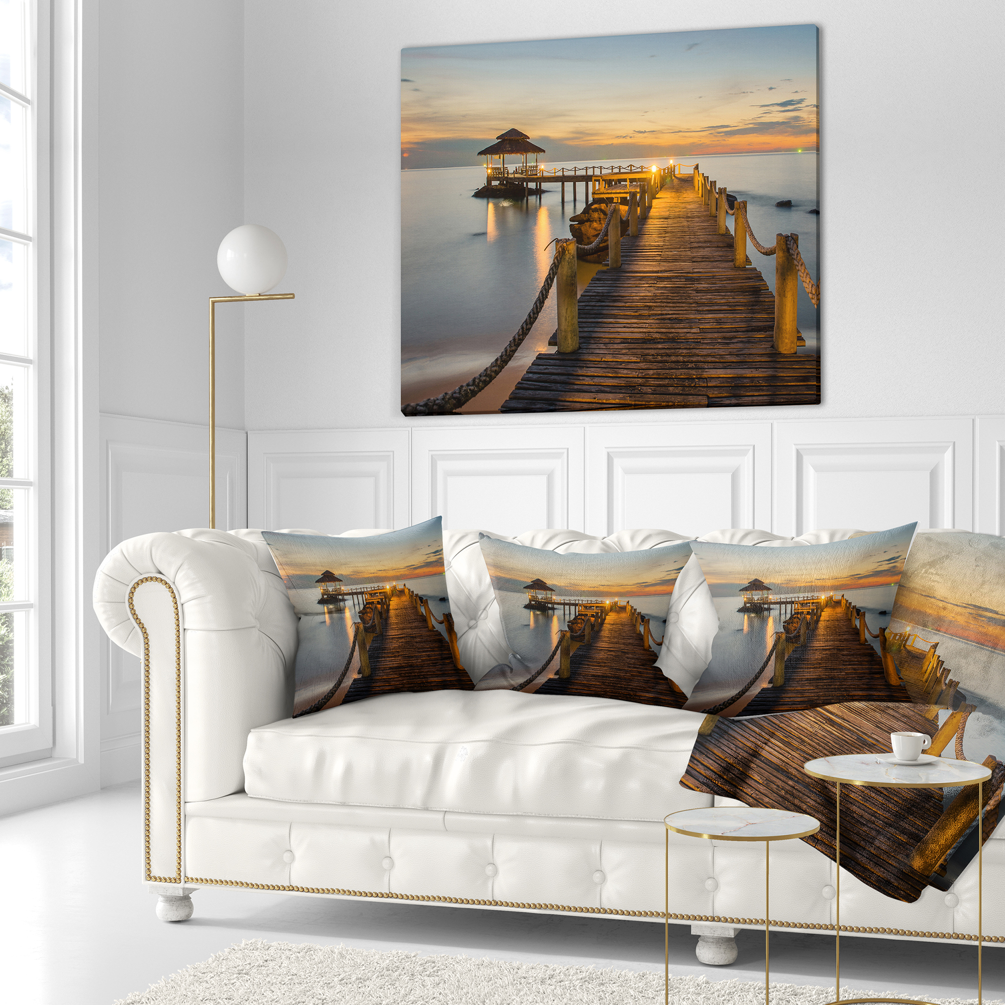 Designart Brown Wooden Pier in Evening - Seashore Photo Throw Pillow - 16x16