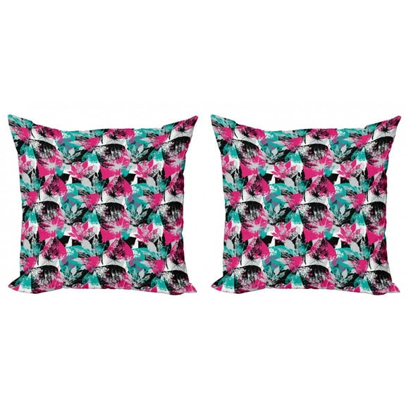 Ambesonne Grunge Throw Pillow Cover 2 Pack, Ornate Leaf Arrangement, 16", Hot Pink Seafoam Black