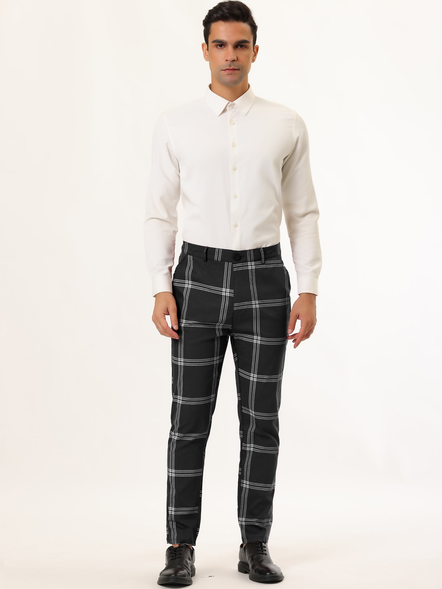 Unique Bargains Men's Plaid Pants Casual Slim Fit Flat Front