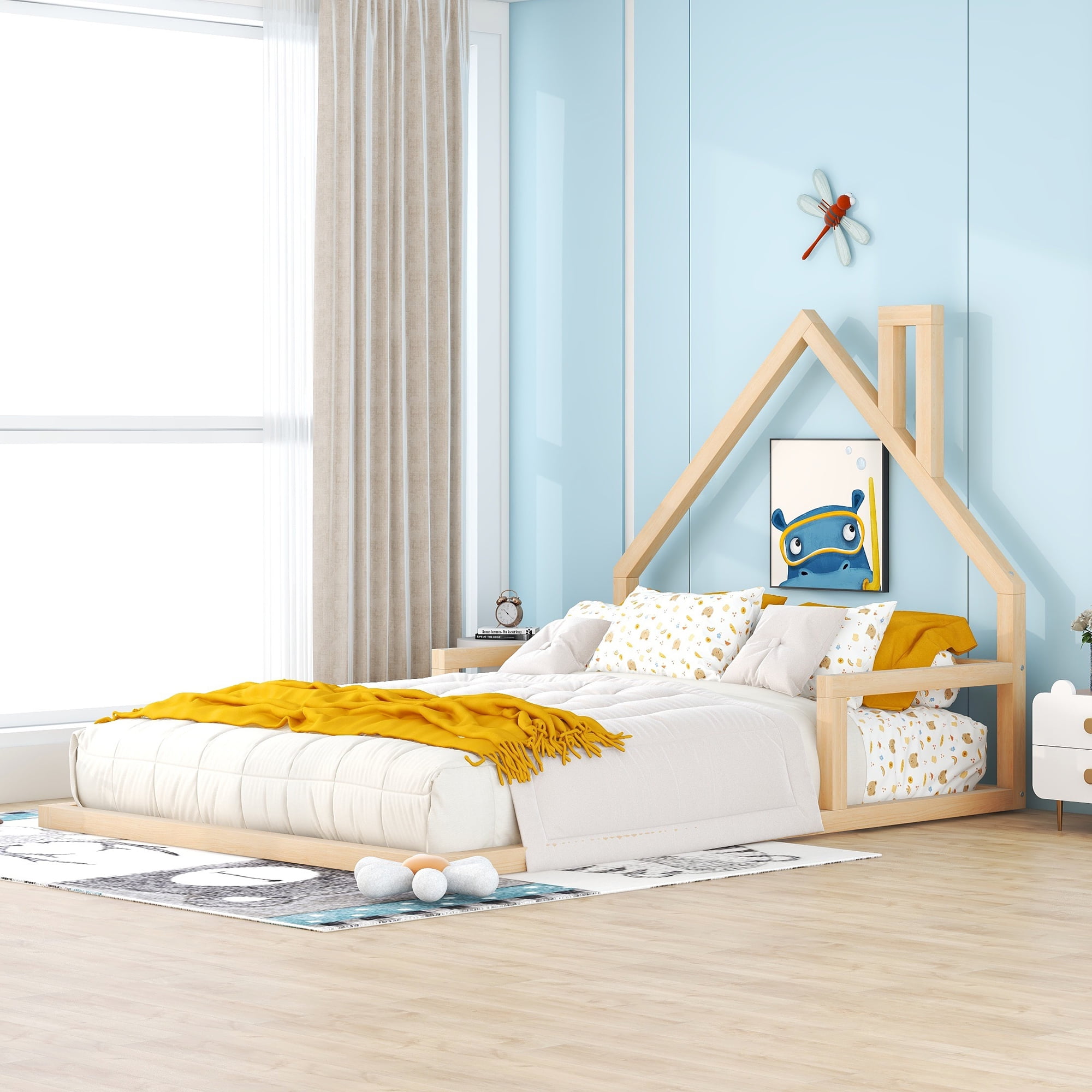 Sailvan Full Wood Floor Bed Frame with House-Shaped Headboard and Chimney Natural