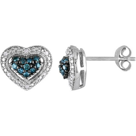 1/4 Carat T.W. Blue and White Diamond Sterling Silver Heart Stud Earrings