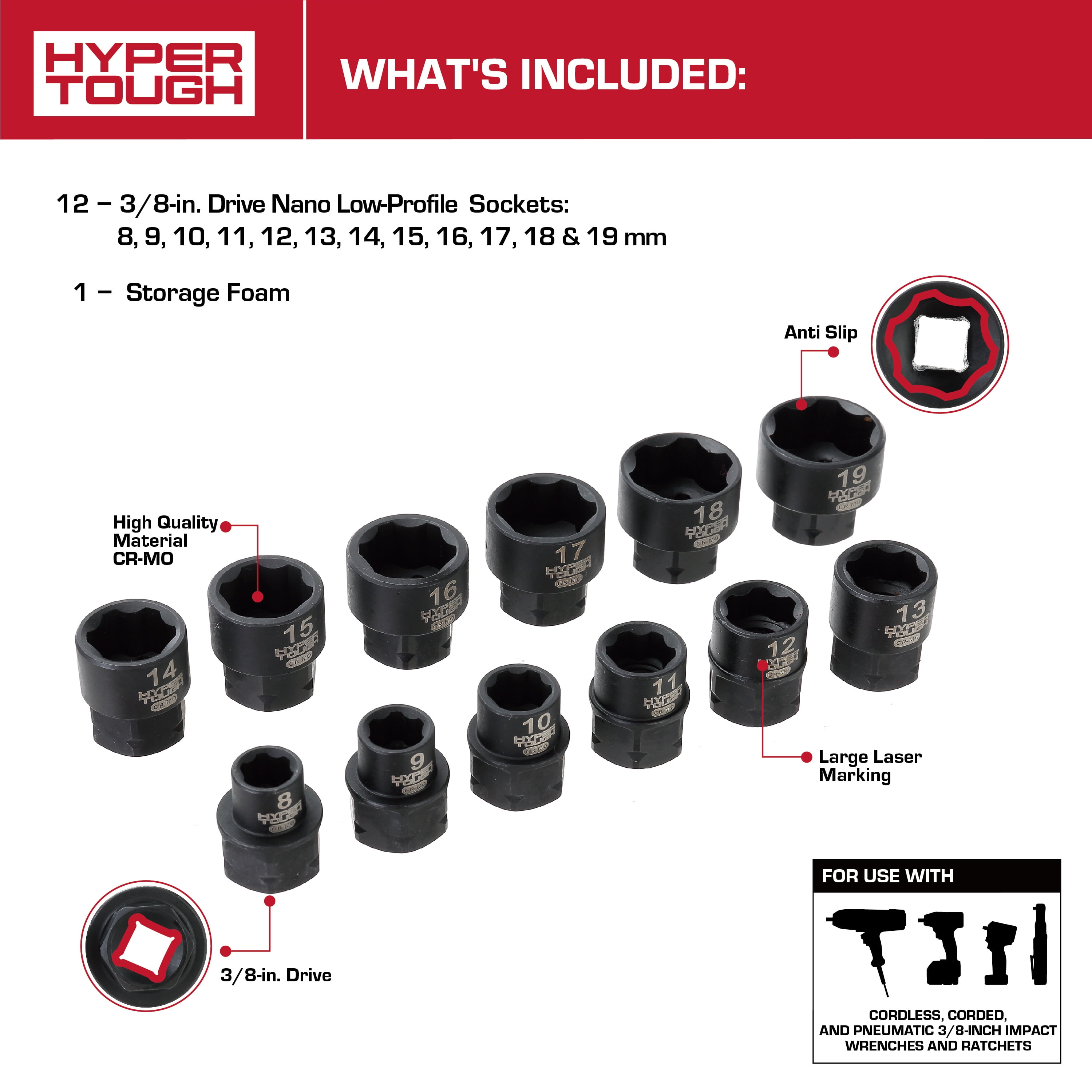 Hyper Tough 3/8-Inch Drive Nano Low-Profile 12-Piece Metric Socket Set