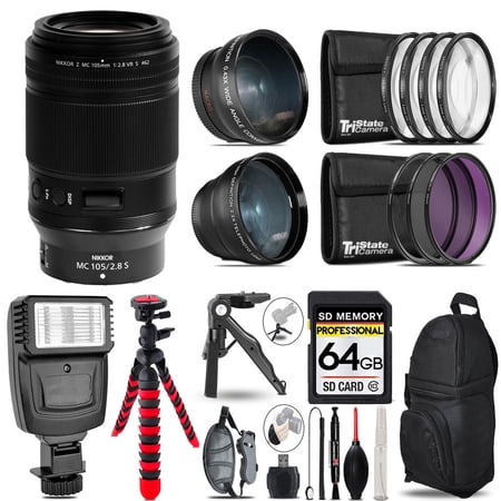 Nikon NIKKOR Z MC 105mm f/2.8 VR S Macro Lens -3 Lens Kit + Slave Flash + Tripod - 64GB Accessory Bundle