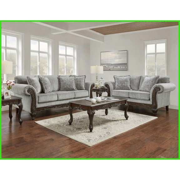 Hernen Traditional American Gray Chenille 5-Piece Living Room Set with Carved Wood Frame