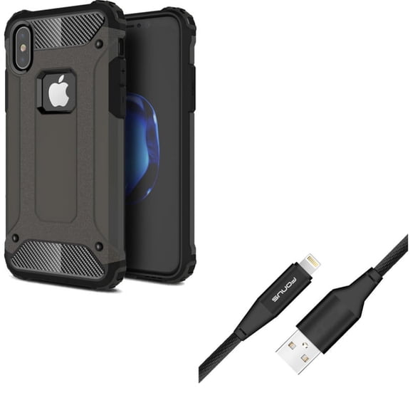 Hybrid Case w Charger Cord 6ft USB Cable for iPhone XS/X - Slim Fit Cover Reinforced Bumper, Power Wire Braided