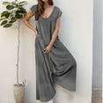 thumbnail image 2 of Jumpsuit for Women Solid Color V Neck Casual Long Rompers Short Sleeve Overalls Loose Baggy Trendy Clothing, 2 of 7