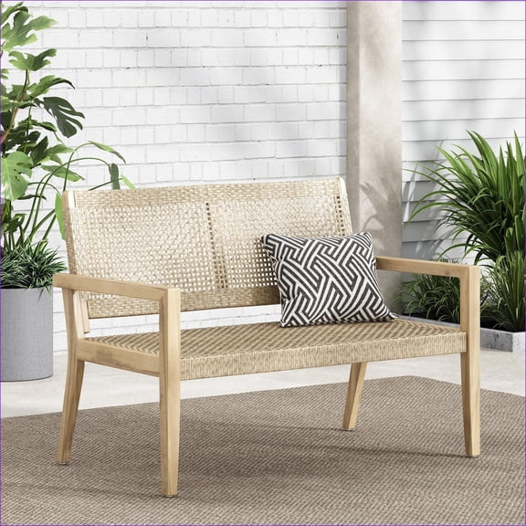 Patio Outdoor Transitional Wicker Loveseat, Weather Resistant for Porch Backyard|Brown|Acacia Wood