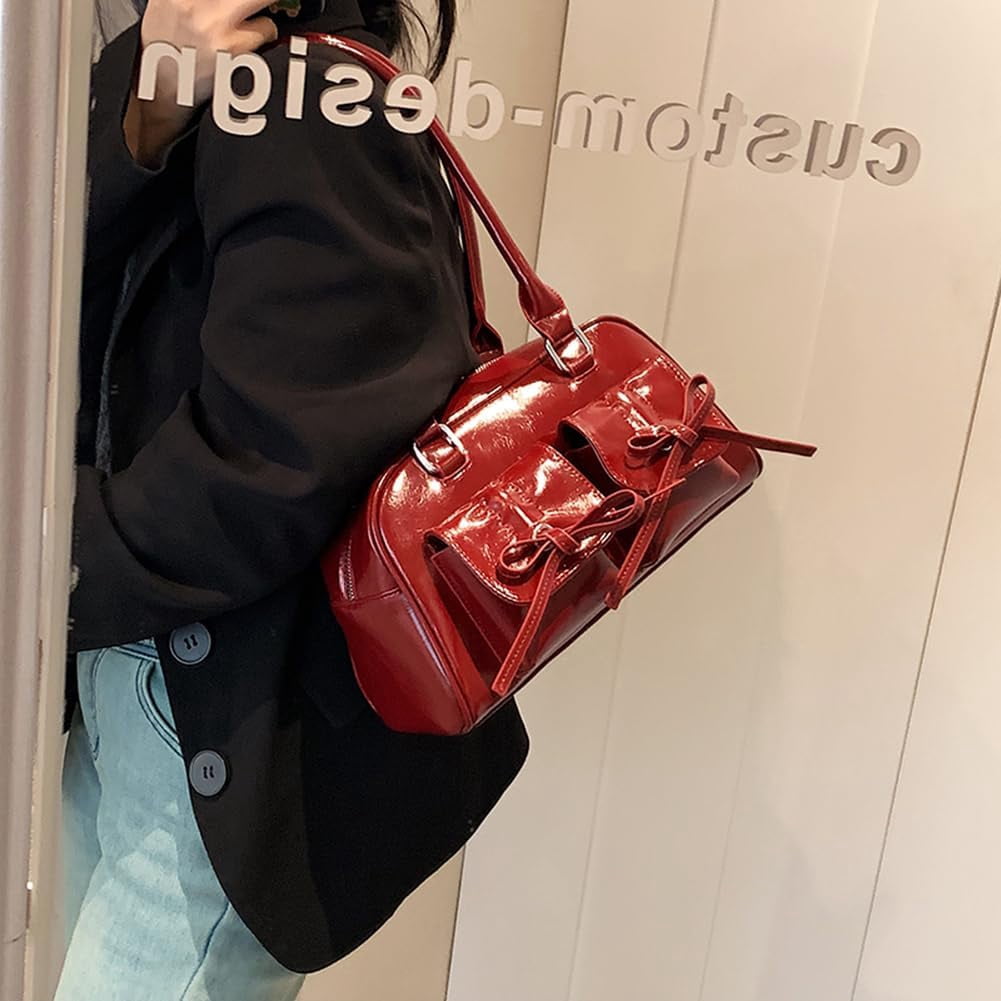 CAILDANL Cute Bow Purse Aesthetic Japanese Shoulder Bag Faux Leather Tote Bag Y2k Red Handbag Purse