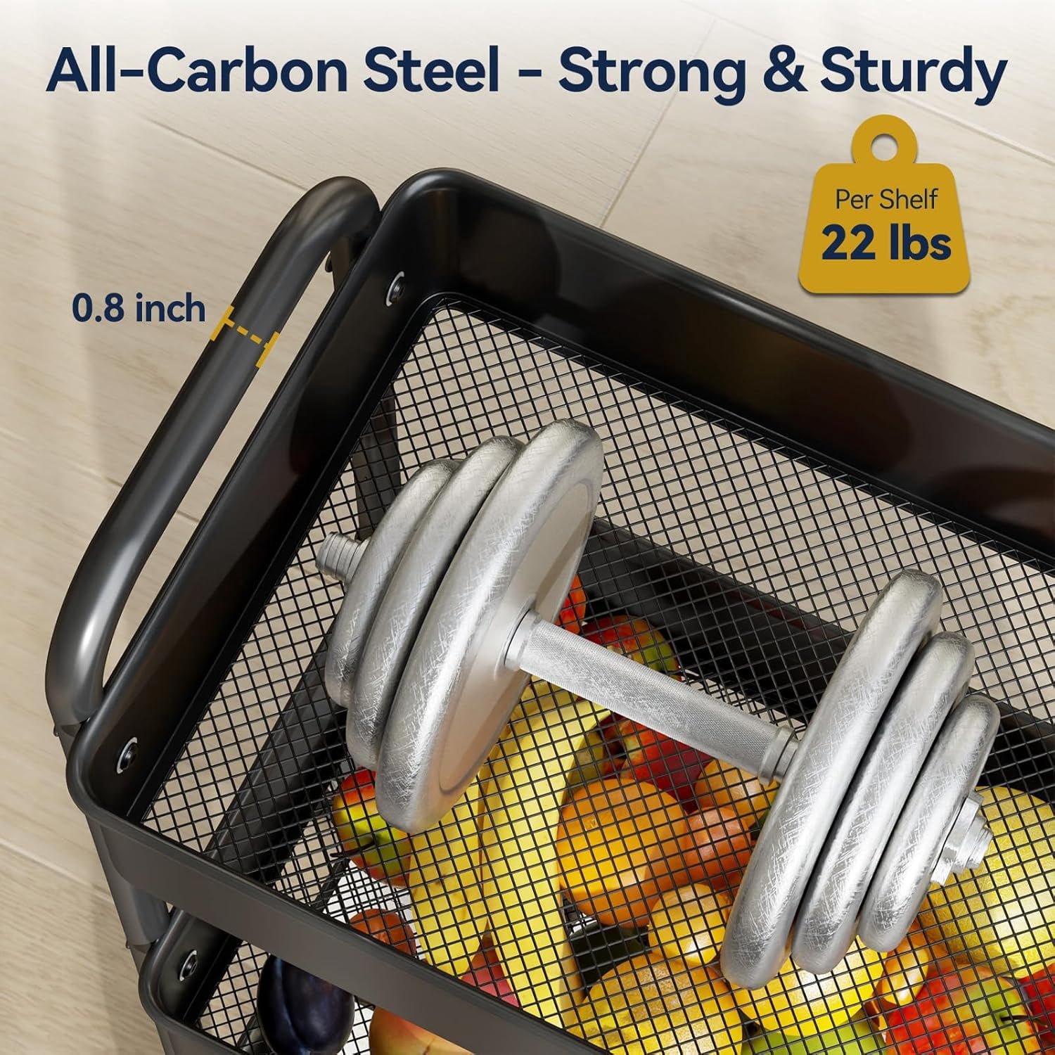 3 Tier Rolling Cart - Metal Utility Cart with 3 Hanging Cups & 4 Hooks, 66LBS Capacity, Mesh Rolling Storage Cart Organizer, Easy Assembly, Rolling Carts with Wheels for Kitchen Office