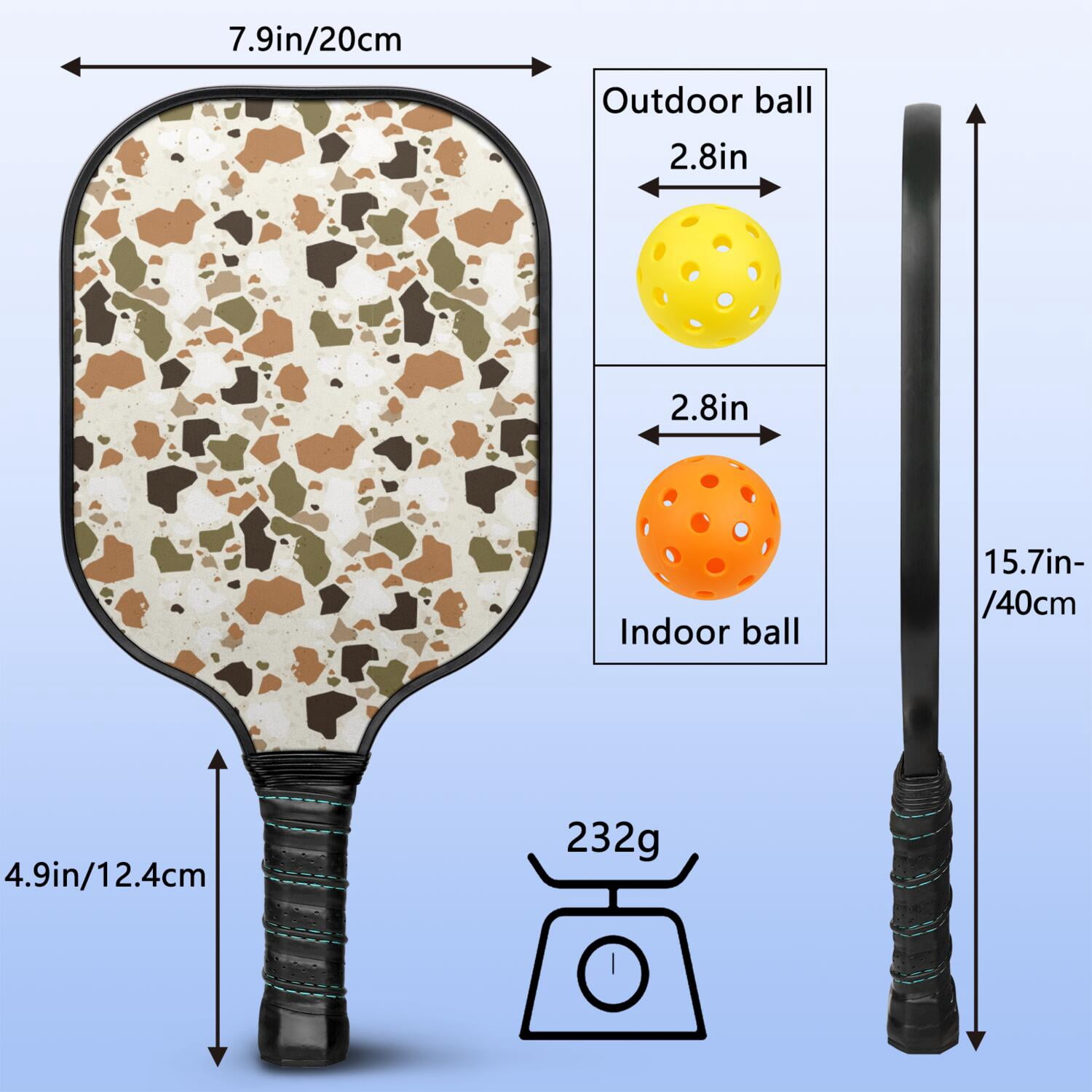 Pickleball Paddles Set Of 1, Fiberglass Surface, Camouflage Print, 1 Paddle, 2 Balls & Bag