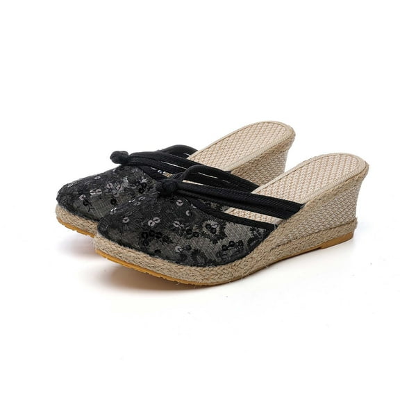 Xfvqtps Womens Espadrille Sandals Flatform Wedge Close Toe Mesh Sequin Embroidery Slide Flax Non Slip Lightweight Breathable Summer Beach Slippers Black