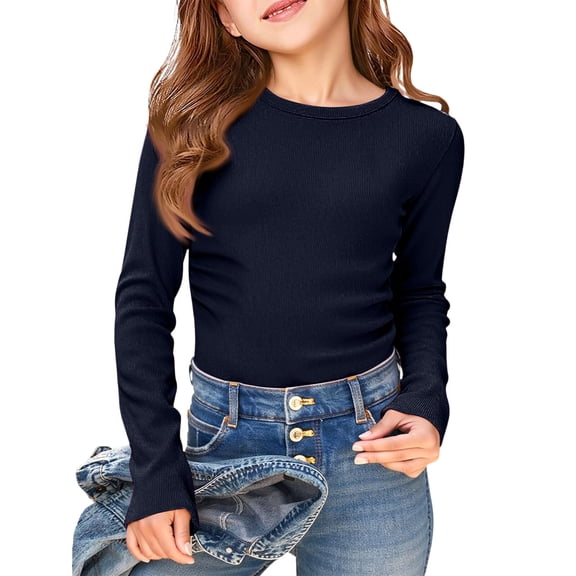 GPOECD Girls T Shirts Long Sleeve Ribbed Stretch Tee Slim Fit Casual Basic Top Comfortable Kids Shirt Long Sleeve Tops Navy,13-14 Years