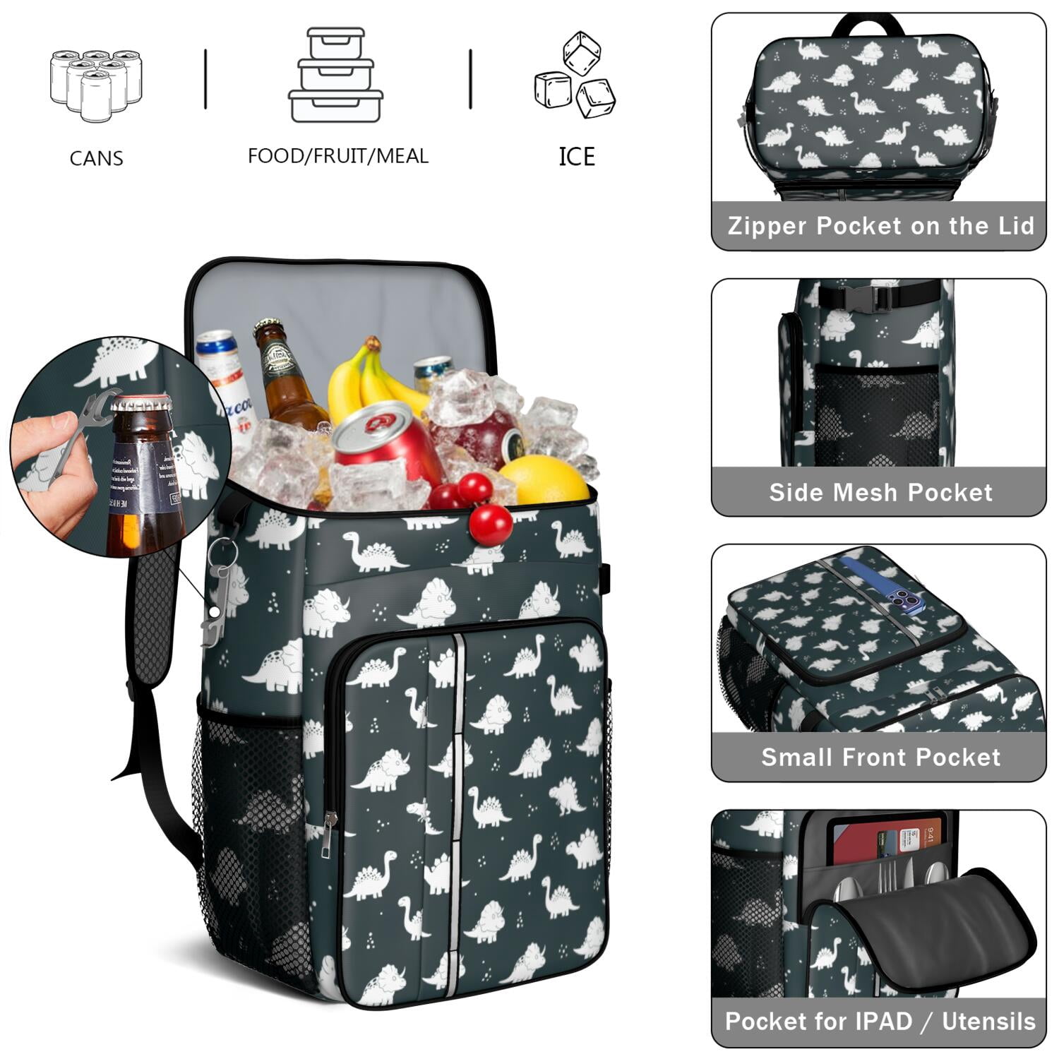 Travel Cooler Bag - Black Dinosaurs Silhouette Pattern Camping Beer Cooler Backpack with Bottle Opener- Waterproof Insulated Picnic Backpacks - Cooler Bag for Beach