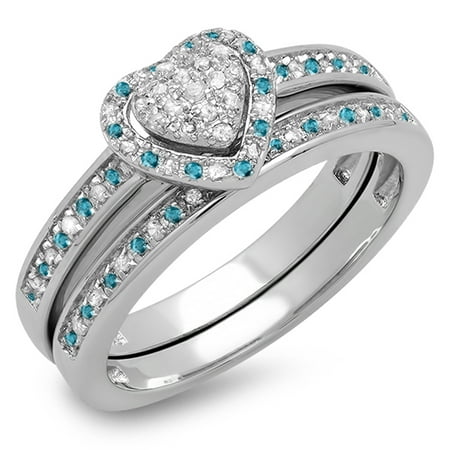 0.23 Carat (ctw) 10K White Gold Round Blue & White Diamond Ladies Heart Shaped Bridal Engagement Ring With Matching Band