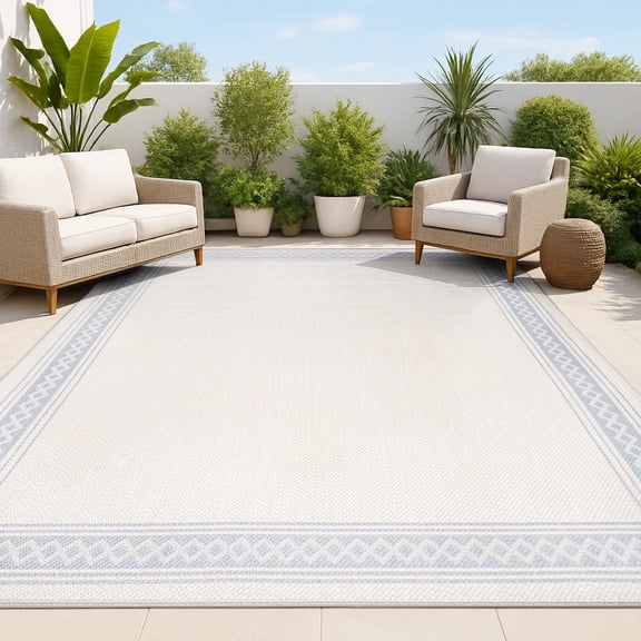 JONATHAN Y SANTA MONICA 3 x 5 Area Rug, Lucia Diamond Border - Cream/Blue, SMB207A-3