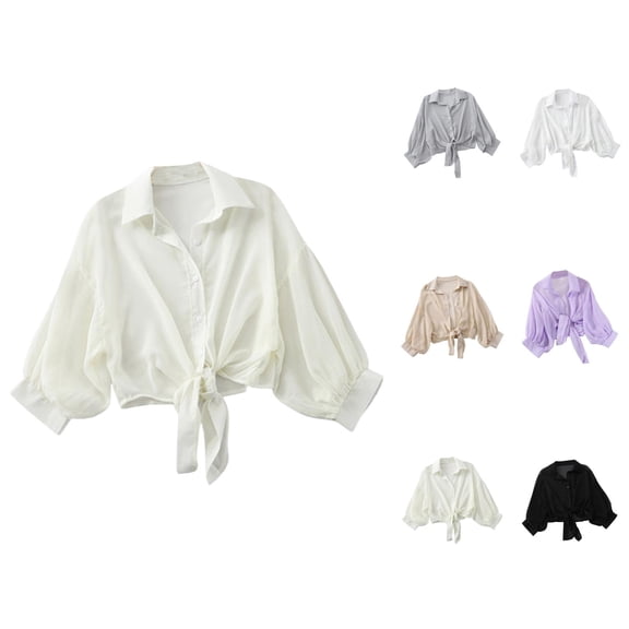 Swimsuit Coverup for Women Short Sleeve Chiffon Lightweight Button Down Lapel Collar Cropped Shirt Beach Cover Up