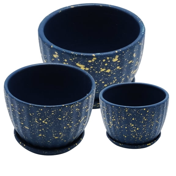 3‑Pack Blue Ceramic Plant Pots 3.3‑5.5 Inch, Round Planters with Drainage Hole & Saucer for Indoor Plants Succulent Cactus